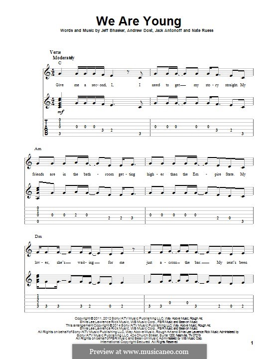 We Are Young: For guitar with tab by Jeff Bhasker, Jack Antonoff, Andrew Dost, Nathaniel Ruess