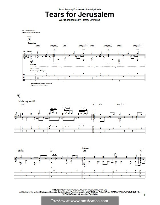 Tears for Jerusalem: For guitar with tab by Tommy Emmanuel