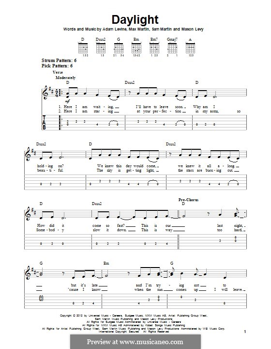 Daylight (Maroon 5): For guitar with tab by Adam Levine, Mason Levy, Max Martin, Sam Martin