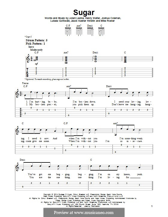 Sugar (Maroon 5): For guitar with tab by Adam Levine, Jacob Kasher Hindlin, Joshua Coleman, Lukas Gottwald, Mike Posner, Henry Russell Walter