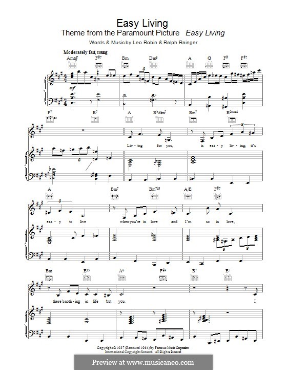 Easy Living (Billie Holiday): For voice and piano (or guitar) by Leo Robin, Ralph Rainger