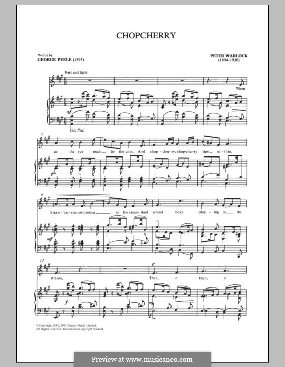 Chopcherry: For voice and piano by Peter Warlock