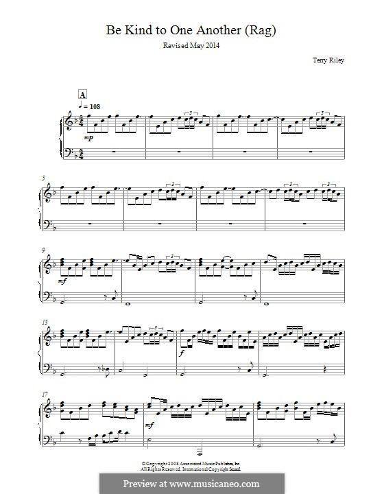 Be Kind To One Another (Rag): For piano by Terry Riley