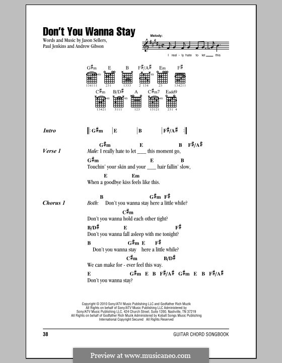 Don't You Wanna Stay (Jason Aldean featuring Kelly Clarkson): Lyrics and chords by Andy Gibson, Jason Sellers, Paul Jenkins