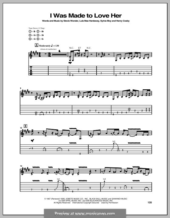 I Was Made to Love Her (Stevie Wonder): For guitar with tab by Henry Cosby, Lula Mae Hardaway, Sylvia Moy