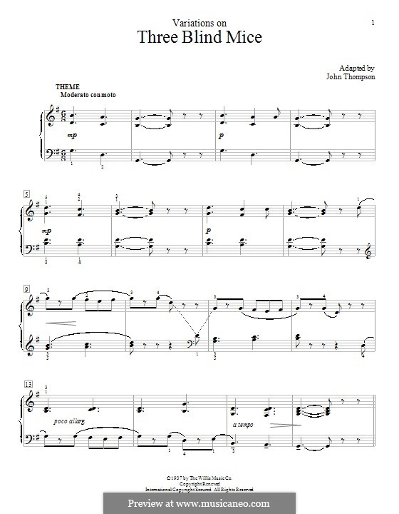 Three Blind Mice: Variations, for piano by folklore