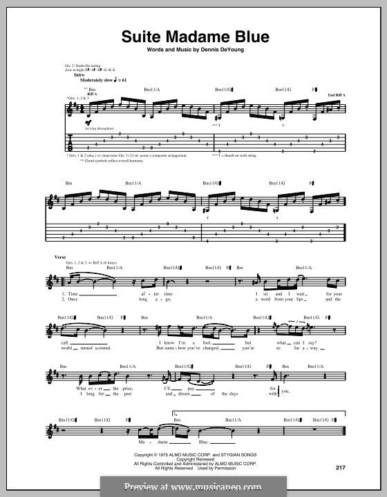 Suite Madame Blue (Styx): For guitar with tab by Dennis DeYoung