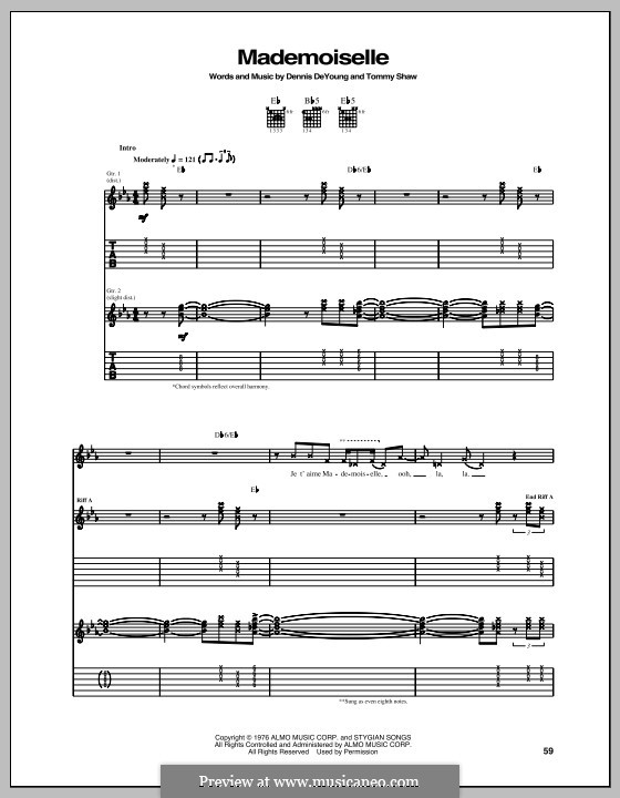 Mademoiselle (Styx): For guitar with tab by Dennis DeYoung, Tommy Shaw