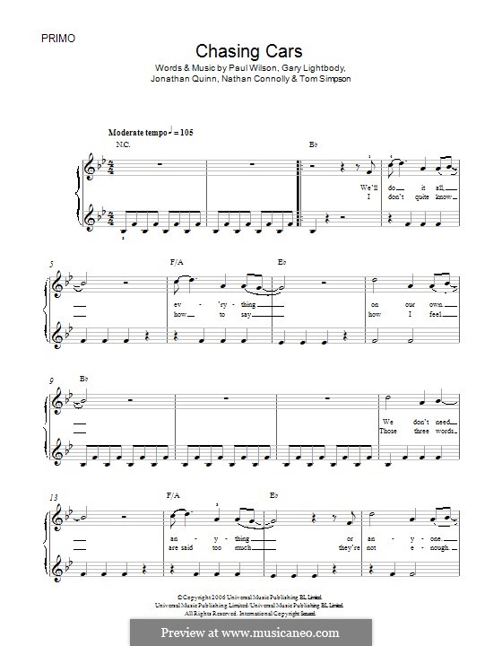 Chasing Cars (Snow Patrol): For piano by Gary Lightbody, Jonathan Quinn, Nathan Connolly, Paul Wilson, Tom Simpson