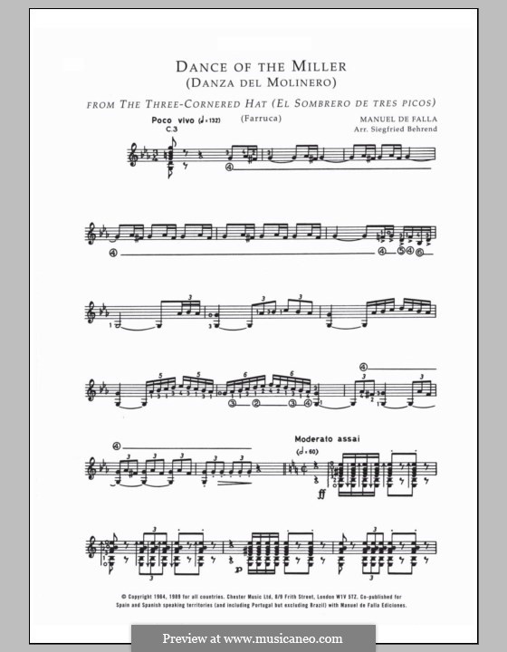 El Sombrero de Tres Picos ('The Three-Cornered Hat'): Danza del Molinero ('The Miller's Dance'), for guitar by Manuel de Falla