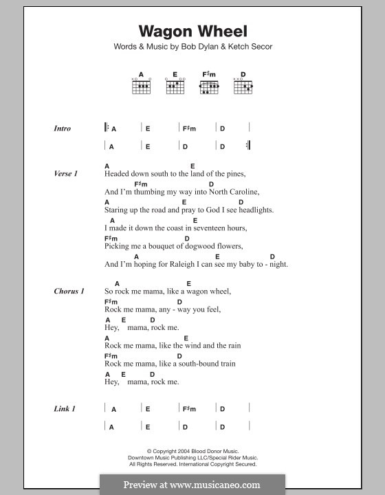 Wagon Wheel (Old Crow Medicine Show): Lyrics and chords by Bob Dylan, Ketch Secor