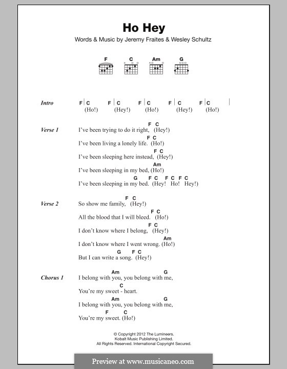 Ho Hey (The Lumineers): Lyrics and chords by Jeremy Fraites, Wesley Schultz