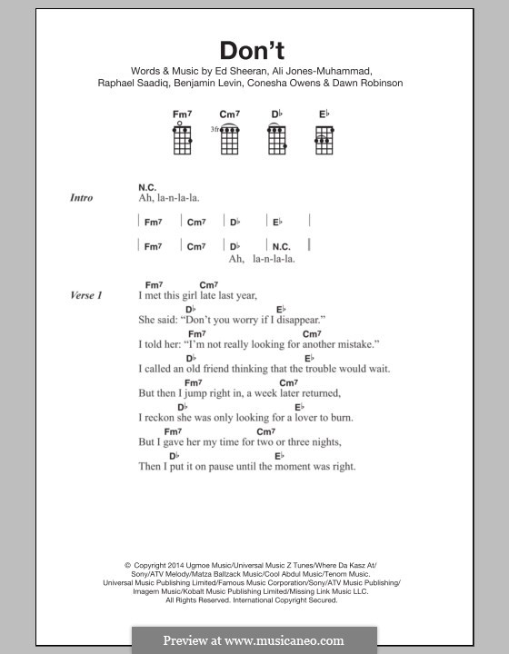 Don't: For ukulele by Ed Sheeran, Ali Jones-Muhammad, Benjamin Levin, Raphael Saadiq, Conesha Owens, Dawn Robinson