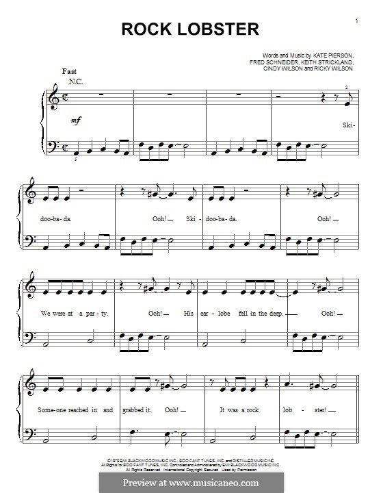 Rock Lobster (The B-52's): For piano by Cindy Wilson, Frederick W. Schneider, Kate Pierson, Keith J. Strickland, Ricky Wilson