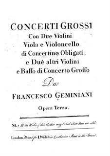 Six Concerti grossi, Op.3: Violins I, II and viola parts by Francesco Geminiani