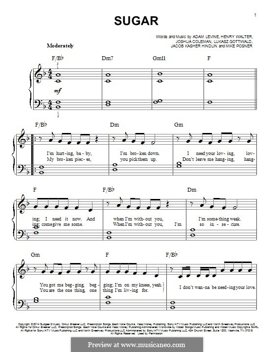 Sugar (Maroon 5): For piano by Adam Levine, Jacob Kasher Hindlin, Joshua Coleman, Lukas Gottwald, Mike Posner, Henry Russell Walter