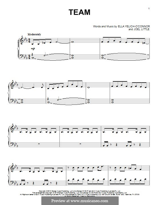 Team (Lorde): For piano by Ella Yelich-O'Connor, Joel Little