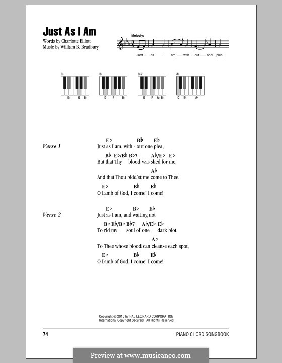 Just as I am: Lyrics and chords by William Batchelder Bradbury