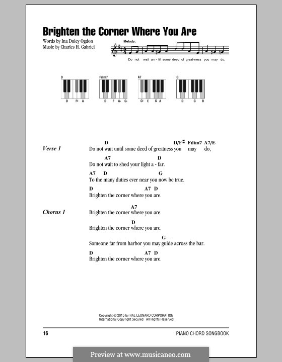 Brighten the Corner Where You Are: Lyrics and chords by Charles Hutchinson Gabriel