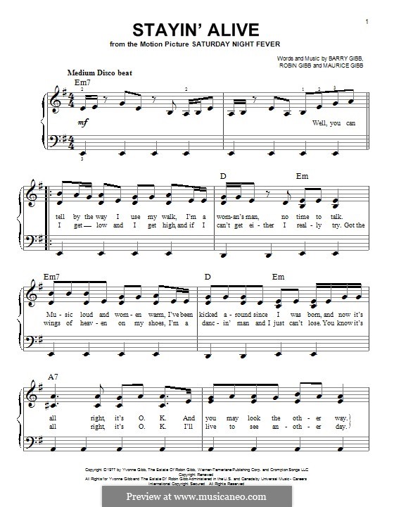 Stayin' Alive (The Bee Gees): For piano by Barry Gibb, Maurice Gibb, Robin Gibb