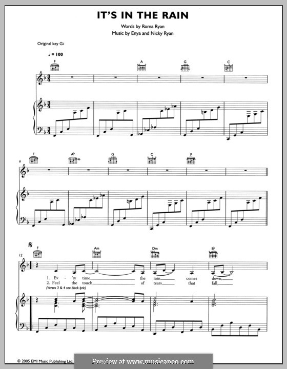 It's in the Rain: For voice and piano (or guitar) by Enya, Nicky Ryan