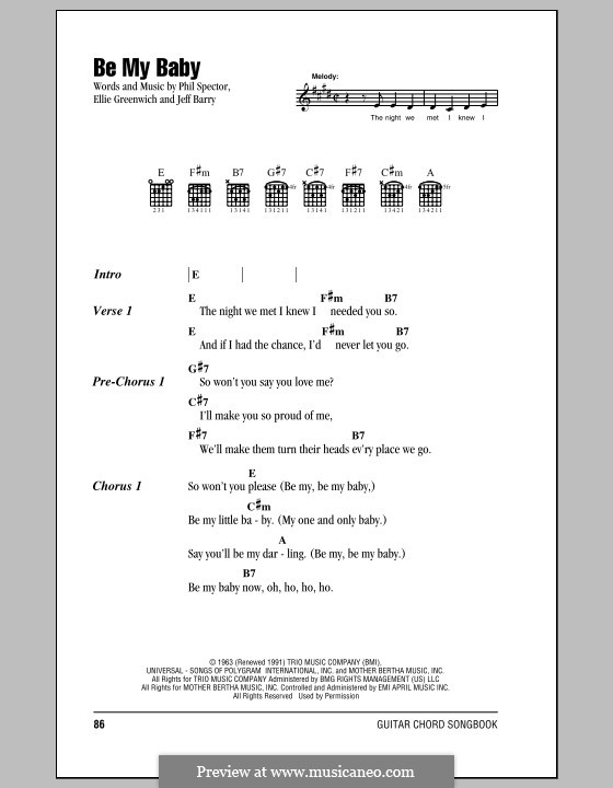 Be My Baby: Lyrics and chords (Ronettes) by Ellie Greenwich, Jeff Barry, Phil Spector