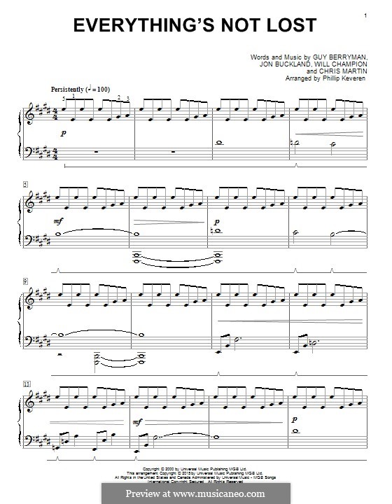 Everything's not Lost (Coldplay): For piano by Chris Martin, Guy Berryman, Jonny Buckland, Will Champion