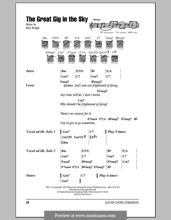 The Great Gig in the Sky (Pink Floyd): Lyrics and chords by Richard Wright