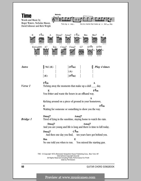 Time (Pink Floyd): Lyrics and chords by David Gilmour, Nicholas Mason, Richard Wright, Roger Waters