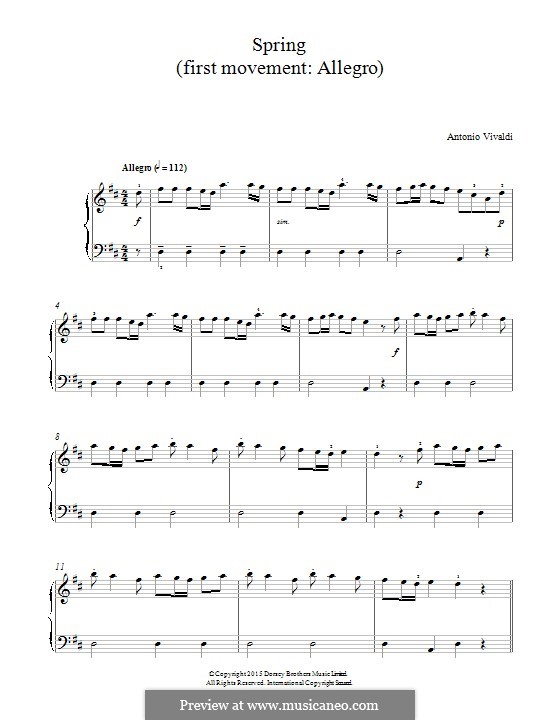 Violin Concerto No.1 in E Major 'La primavera' (Printable Scores), RV 269: Movement I. Fragment, for piano by Antonio Vivaldi