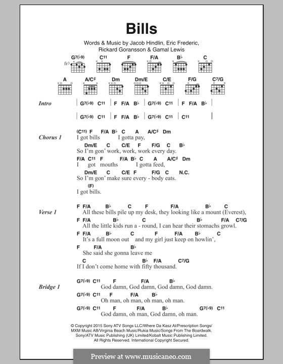 Bills: Lyrics and chords by Jacob Kasher Hindlin, Eric Frederic, Rickard Goransson, Gamal Lewis