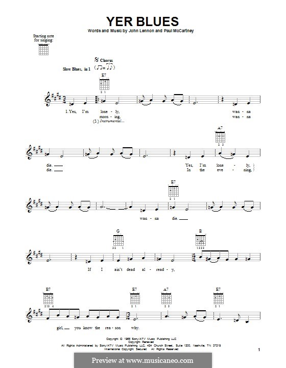 Yer Blues (The Beatles): For guitar with tab by John Lennon, Paul McCartney