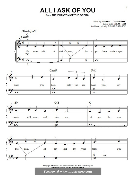 All I Ask of You, for piano: Very easy notes by Andrew Lloyd Webber