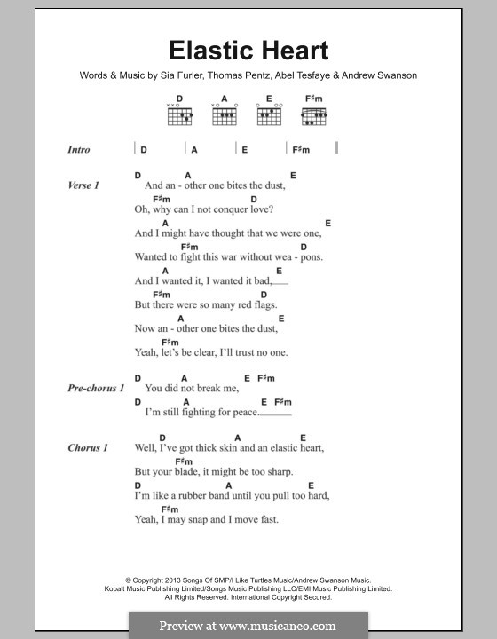 Elastic Heart (Sia): Lyrics and chords by Sia Furler, Diplo, Abel Tesfaye, Andrew Swanson