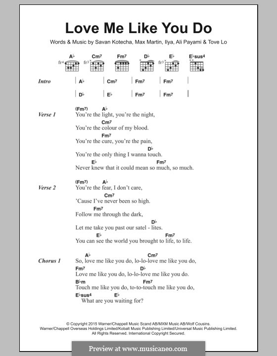 Love Me Like You Do: Lyrics and chords by Max Martin, Savan Kotecha, Ali Payami, Ilya, Tove Lo