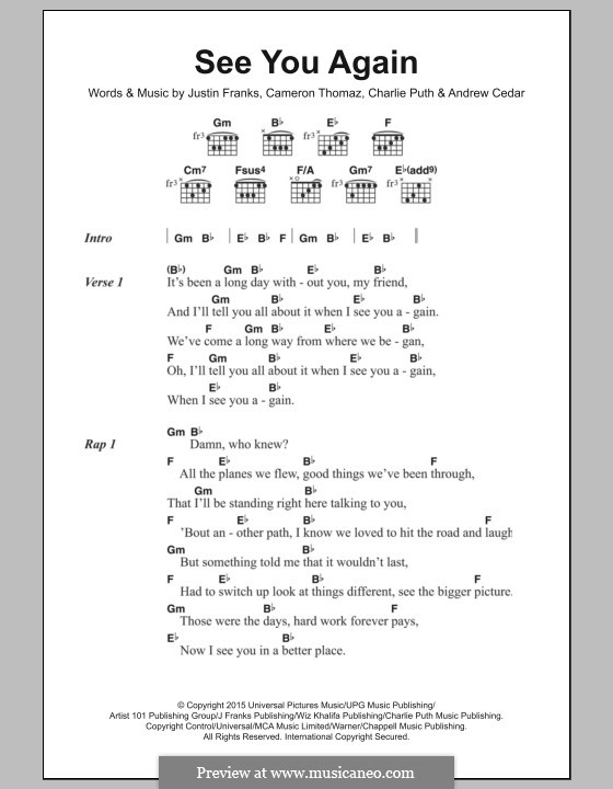 See You Again (Wiz Khalifa feat. Charlie Puth): Lyrics and chords by Justin Franks, Wiz Khalifa, Andrew Cedar, Charlie Puth