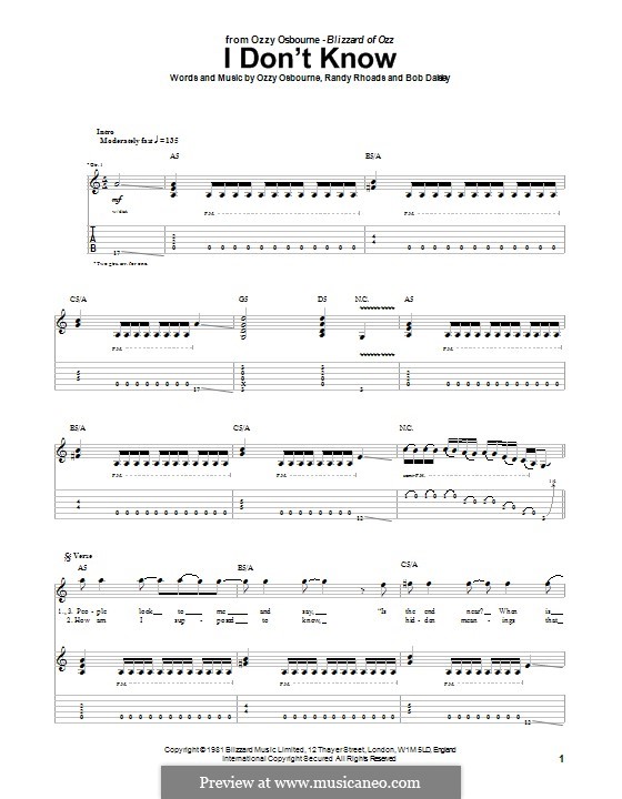 I Don't Know: For guitar with tab by Bob Daisley, Randy Rhoads