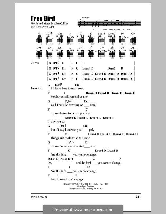 Free Bird (Lynyrd Skynyrd): Lyrics and chords by Allen Collins, Ronnie Van Zant