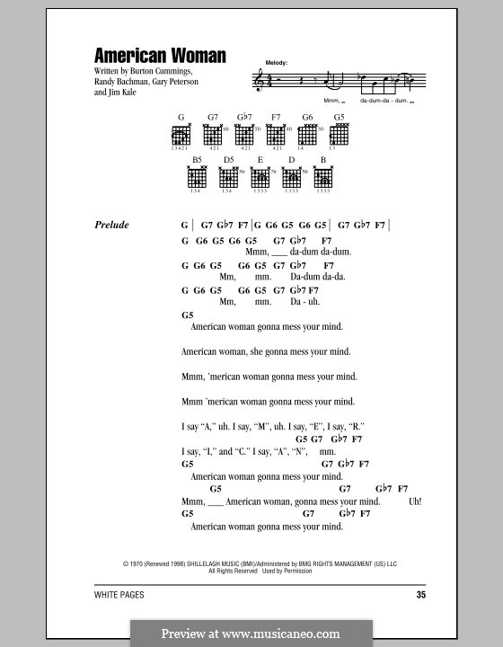American Woman (Lenny Kravitz): Lyrics and chords by Burton Cummings, Garry Peterson, Jim Kale, Randy Bachman
