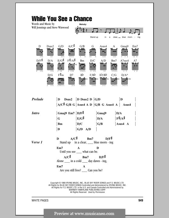 While You See a Chance: Lyrics and chords by Will Jennings