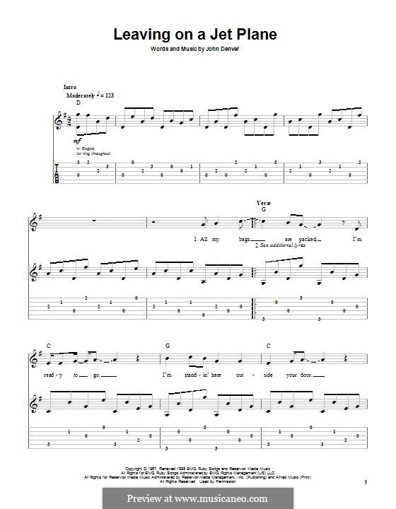 Leaving on a Jet Plane: For guitar with tab by John Denver