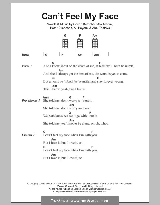 Can't Feel My Face (The Weeknd): Lyrics and chords by Max Martin, Peter Svensson, Savan Kotecha, Abel Tesfaye, Ali Payami