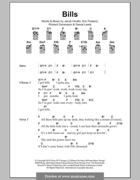 Bills: Lyrics and chords by Jacob Kasher Hindlin, Eric Frederic, Rickard Goransson, Gamal Lewis