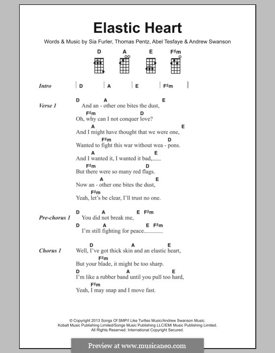 Elastic Heart (Sia): Lyrics and chords by Sia Furler, Diplo, Abel Tesfaye, Andrew Swanson