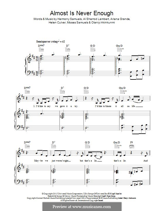 Almost Is Never Enough (feat. Nathan Sykes): For voice and piano (or guitar) by Al Sherrod Lambert, Harmony Samuels, Ariana Grande, Moses Samuels, Olaniyi Akinkunmi, Helen Culver