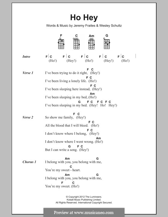 Ho Hey (The Lumineers): Lyrics and chords by Jeremy Fraites, Wesley Schultz