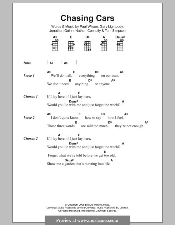 Chasing Cars (Snow Patrol): Lyrics and chords by Gary Lightbody, Jonathan Quinn, Nathan Connolly, Paul Wilson, Tom Simpson