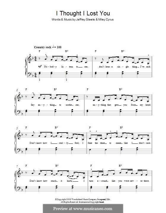 I Thought I Lost You (Miley Cyrus): For piano by Jeffrey Steele