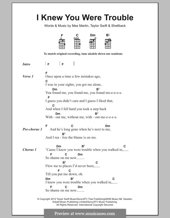 I Knew You Were Trouble (Taylor Swift): Lyrics and chords by Shellback, Max Martin