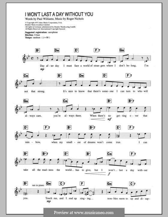 I Won't Last a Day without You (Carpenters): For keyboard by Paul H. Williams, Roger Nichols